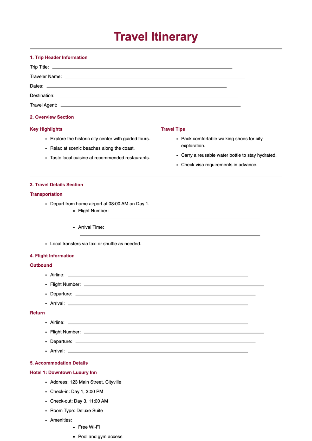 Trip itinerary template with travel details and flight accommodation fields_variant_3